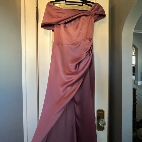 NWT ASOS Edition Satin Bardot Drape Wrap Maxi Dress in orchid. Size 2. - Picture 5 of 12